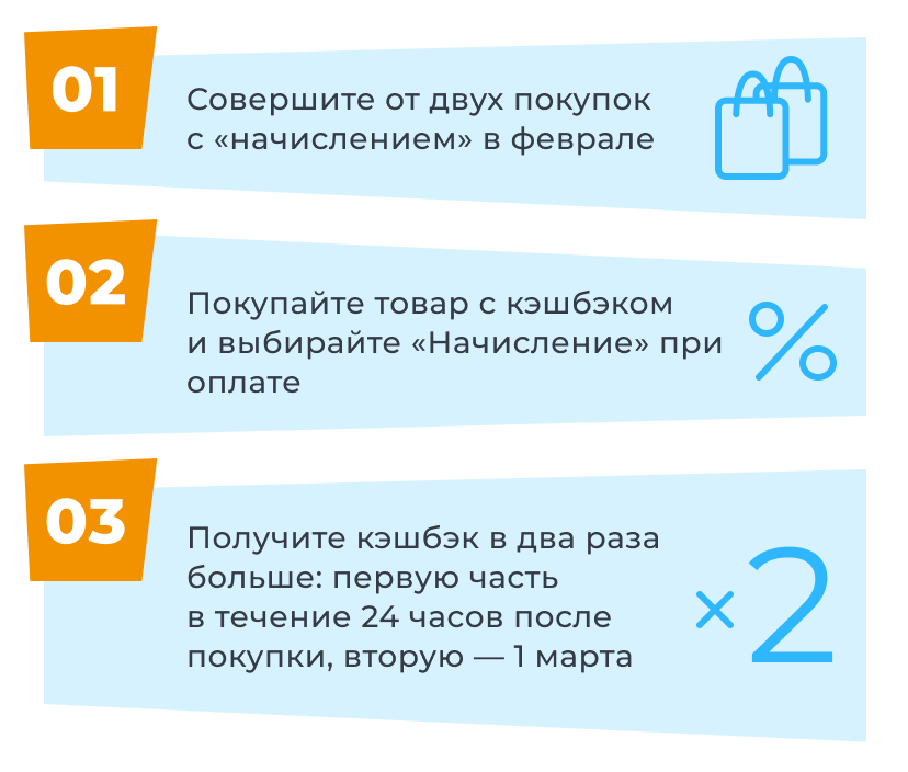 Совершите от двух покупок с «начислением» в феврале | Покупайте товар с кэшбэком и выбирайте «Начисление» при оплате | Получите кэшбэк в два раза больше: первую часть в течение 24 часов после покупки, вторую — 1 марта